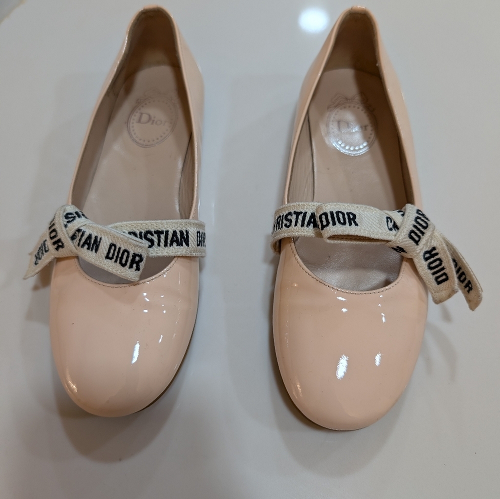 Dior Girls Pink Patent Flats with Logo Ribbon Sz 13